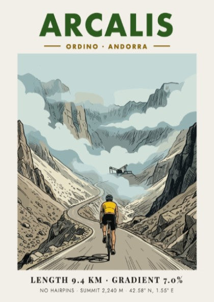 Cycling poster showing a rider climbing the Arcalis mountain pass in Andorra under clouds