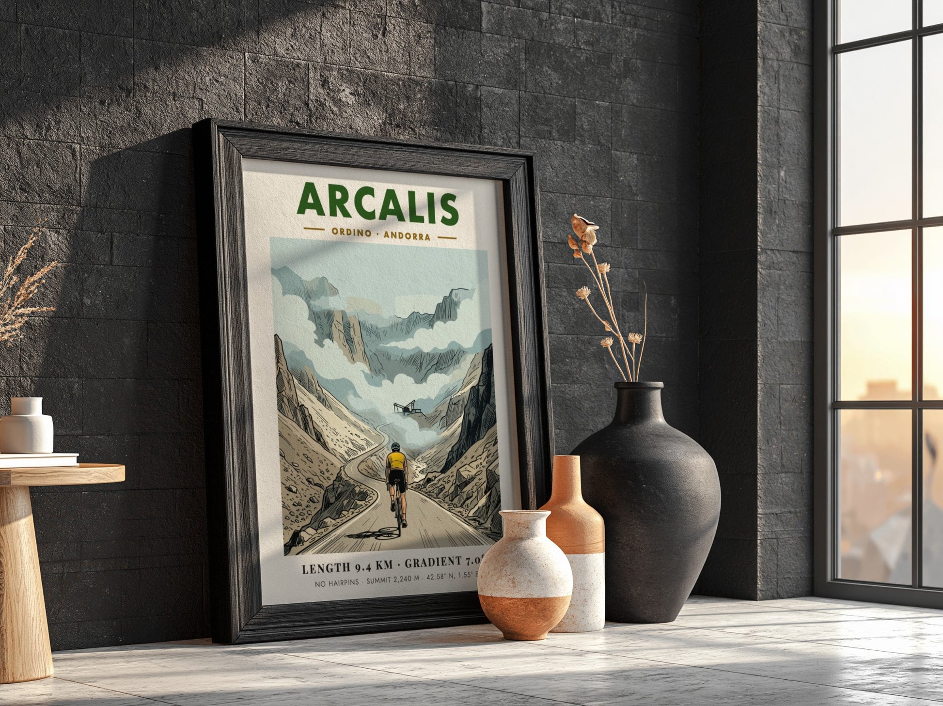 Cycling poster showing a rider climbing the Arcalis mountain pass in Andorra under clouds