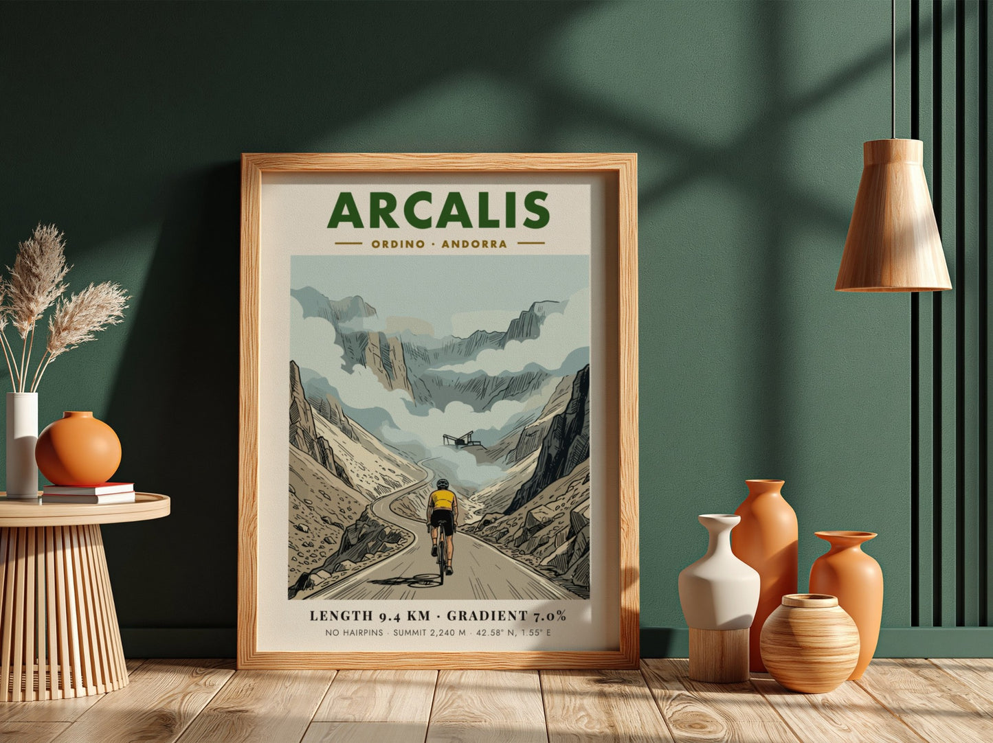Cycling poster showing a rider climbing the Arcalis mountain pass in Andorra under clouds