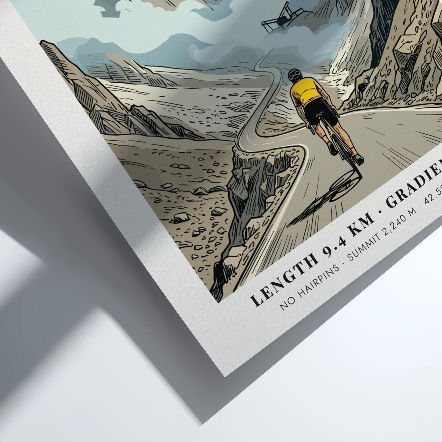 Cycling poster showing a rider climbing the Arcalis mountain pass in Andorra under clouds