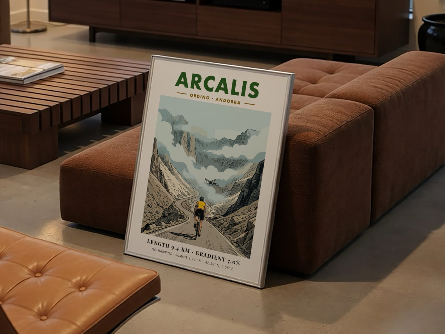 Cycling poster showing a rider climbing the Arcalis mountain pass in Andorra under clouds