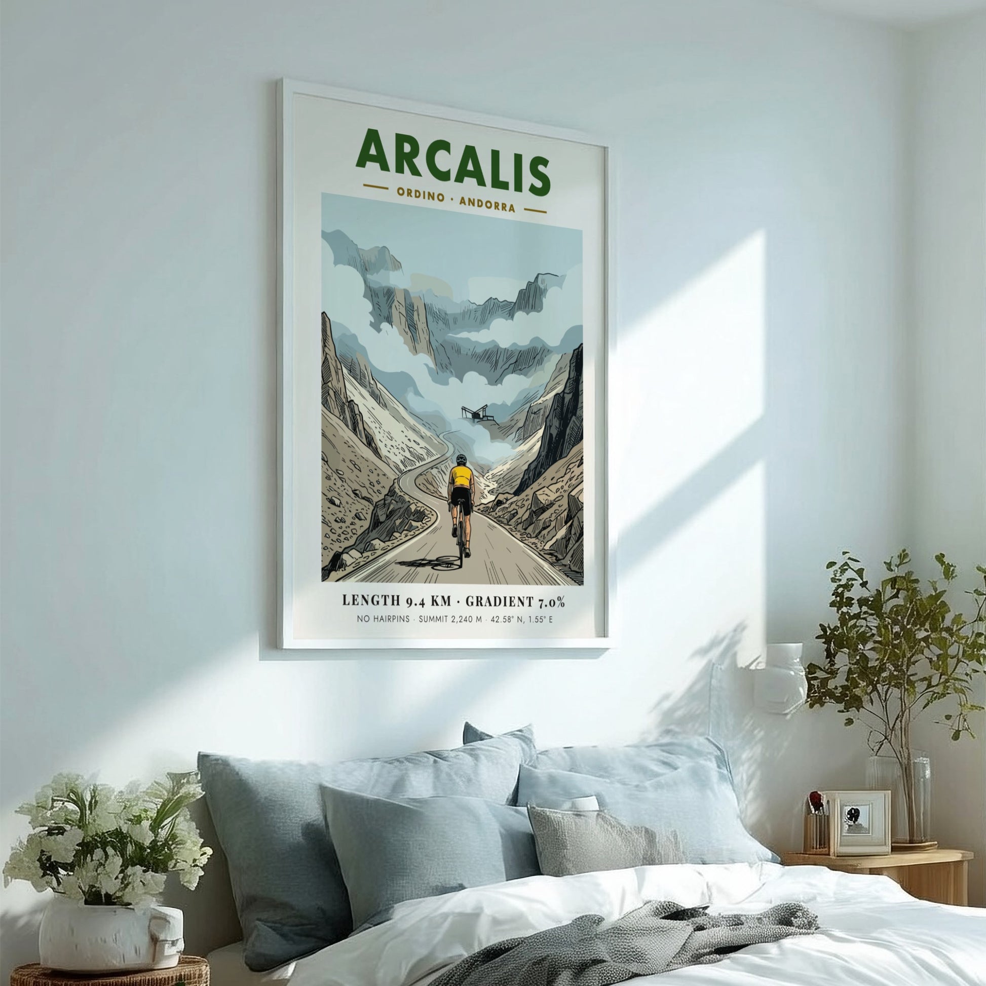 Cycling poster showing a rider climbing the Arcalis mountain pass in Andorra under clouds