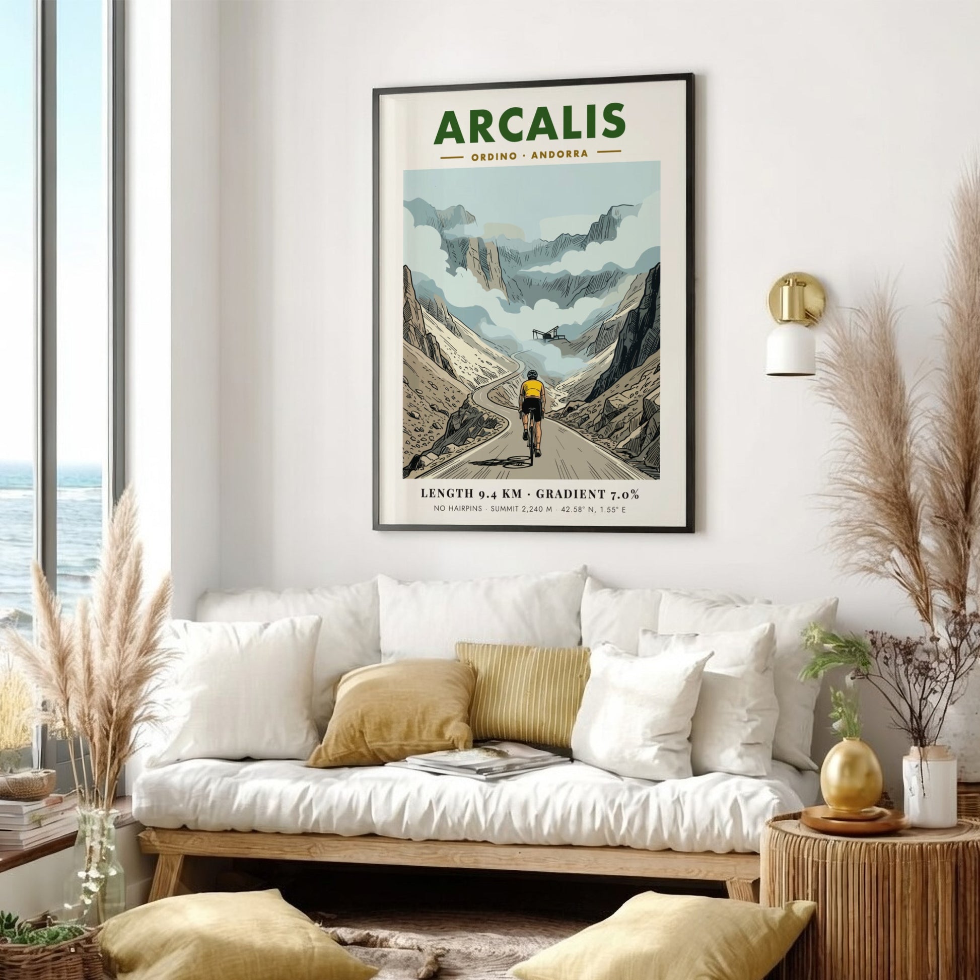 Cycling poster showing a rider climbing the Arcalis mountain pass in Andorra under clouds