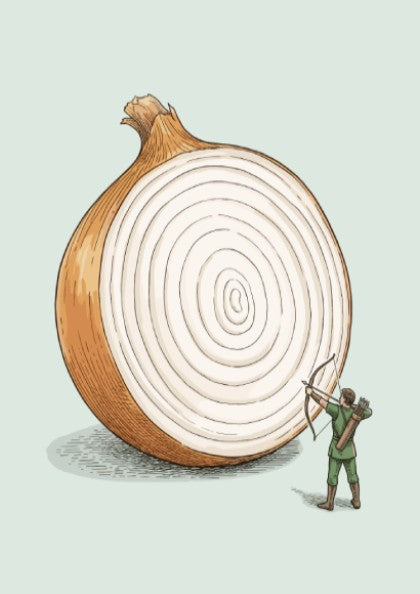 Poster featuring a tiny archer aiming at a giant sliced onion on green background.