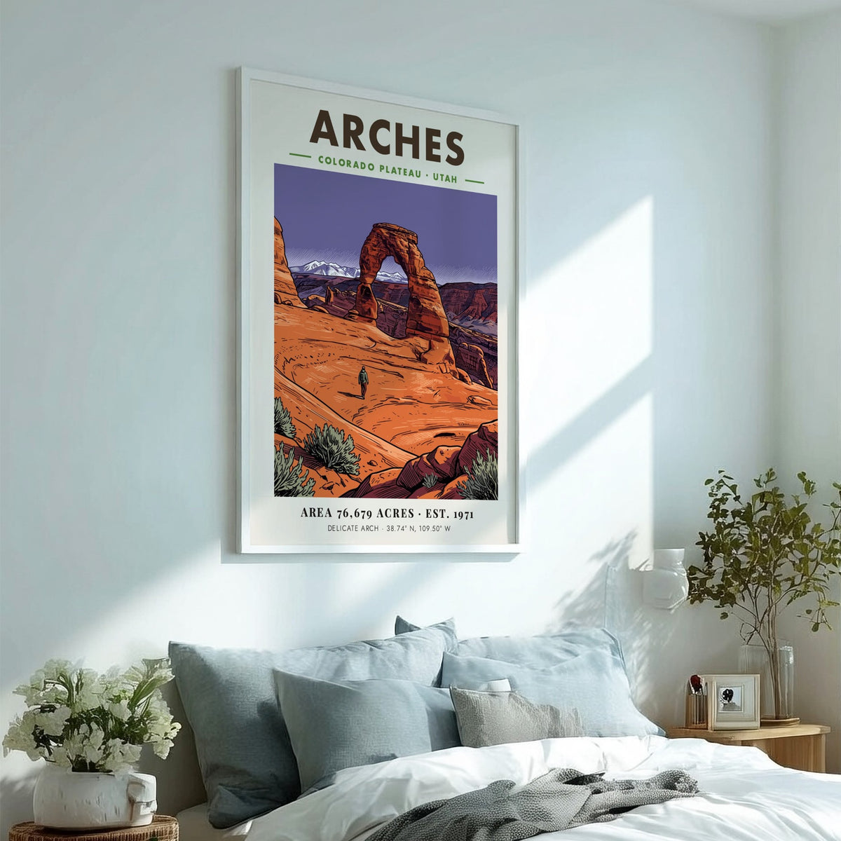 Poster of Arches National Park in Utah featuring Delicate Arch and a lone hiker.