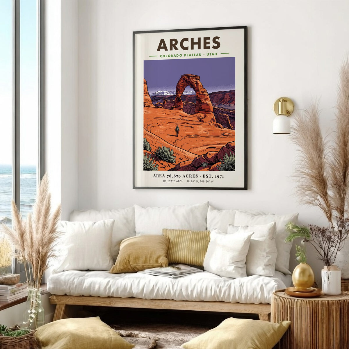 Poster of Arches National Park in Utah featuring Delicate Arch and a lone hiker.