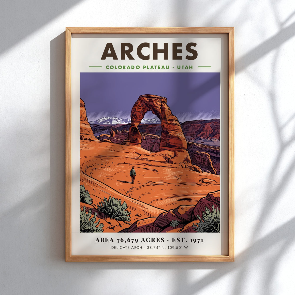 Poster of Arches National Park in Utah featuring Delicate Arch and a lone hiker.