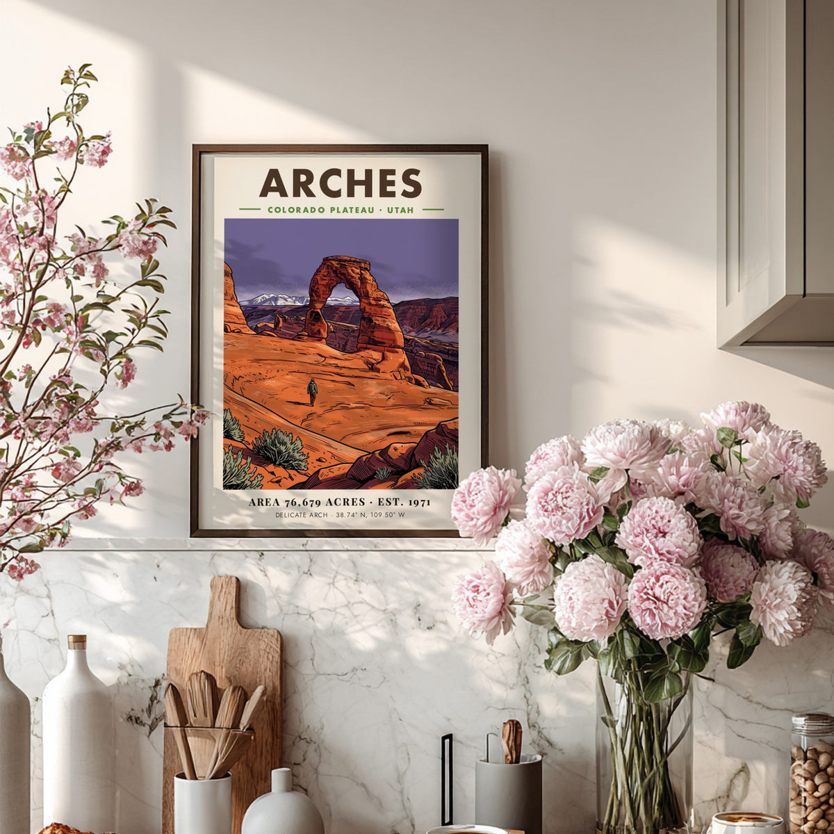 Poster of Arches National Park in Utah featuring Delicate Arch and a lone hiker.
