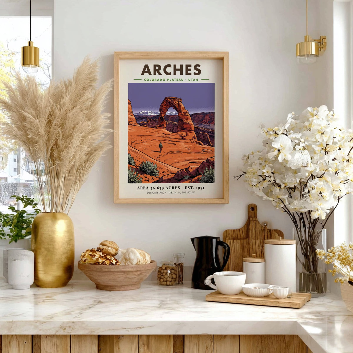 Poster of Arches National Park in Utah featuring Delicate Arch and a lone hiker.