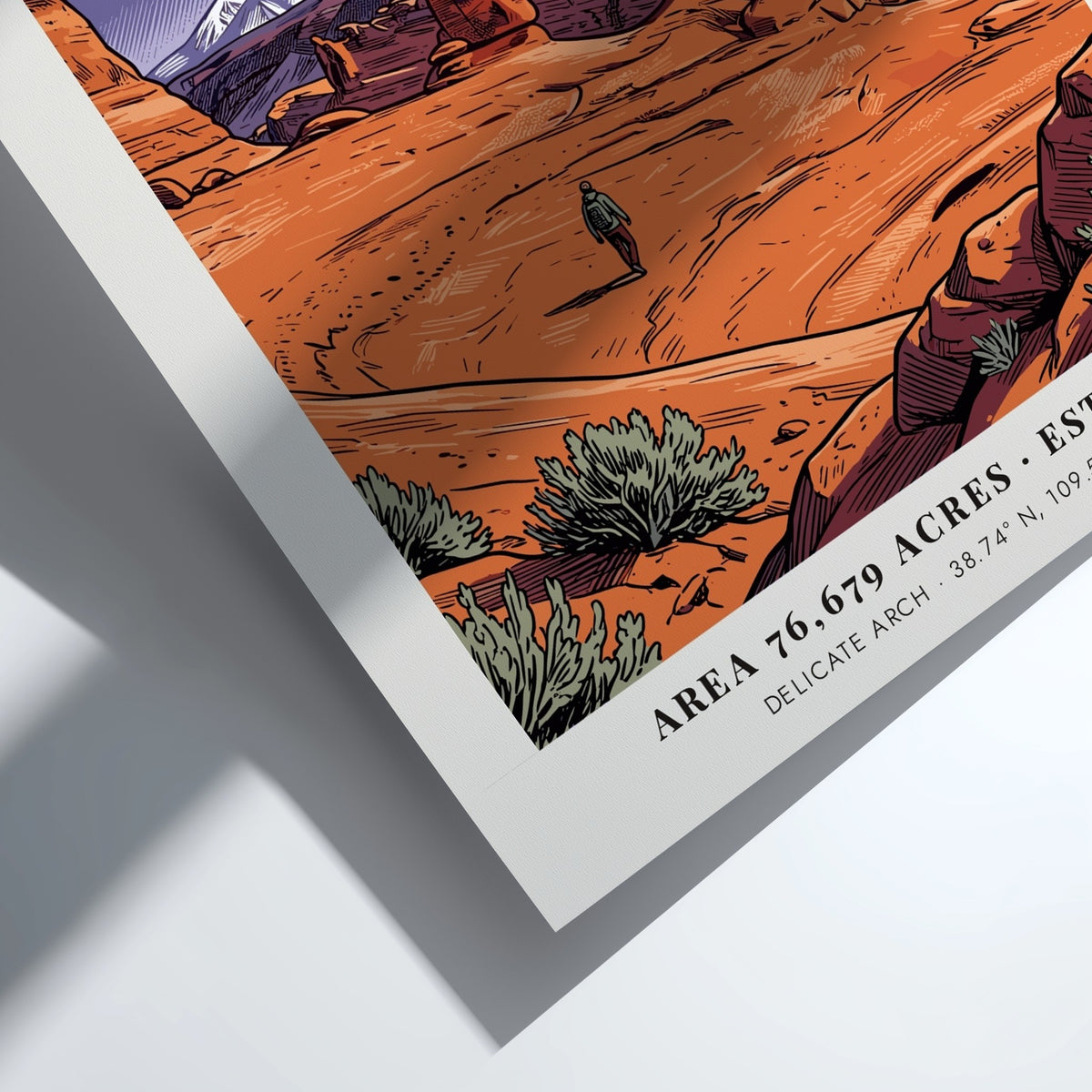 Poster of Arches National Park in Utah featuring Delicate Arch and a lone hiker.