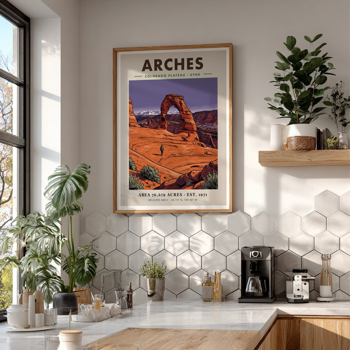 Poster of Arches National Park in Utah featuring Delicate Arch and a lone hiker.