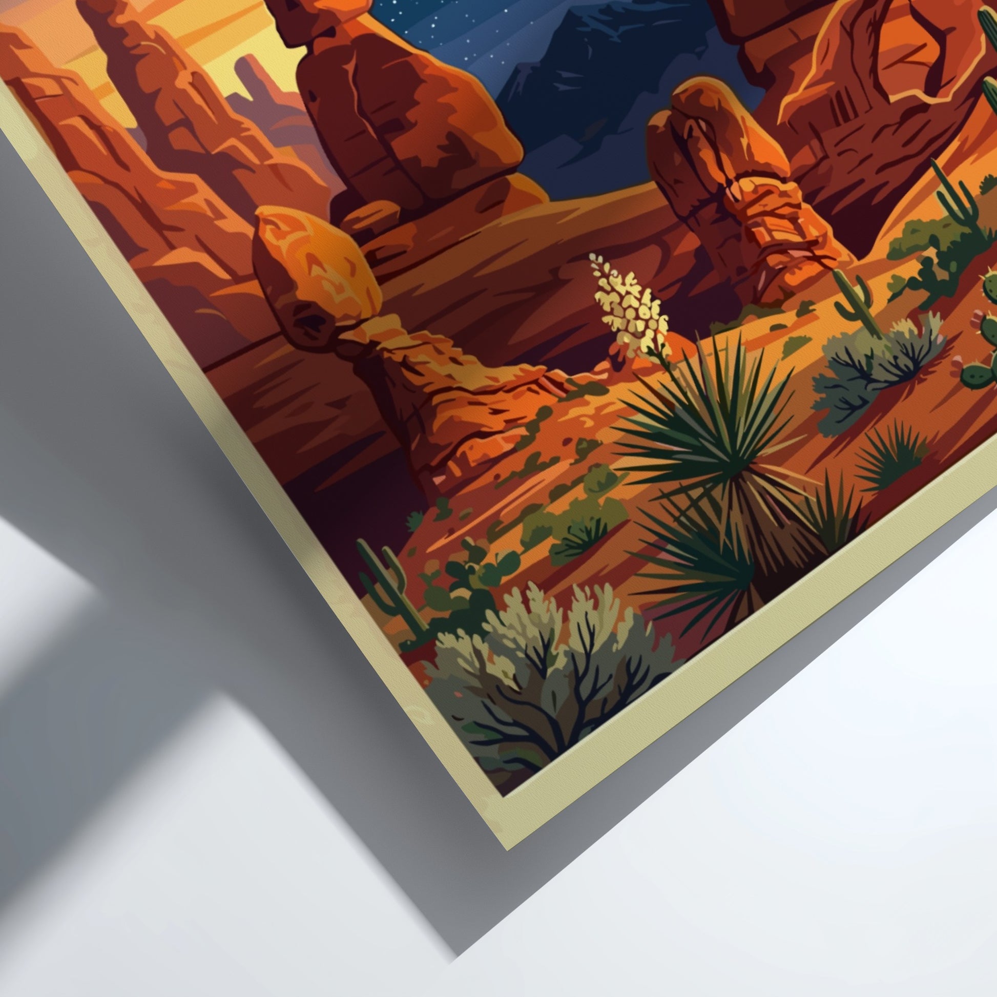Travel poster of Arches National Park featuring orange rock arches and night sky