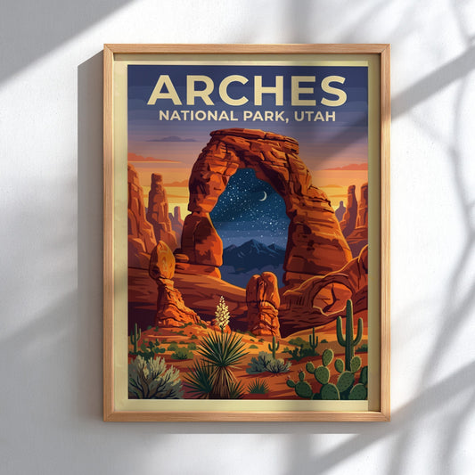 Travel poster of Arches National Park featuring orange rock arches and night sky