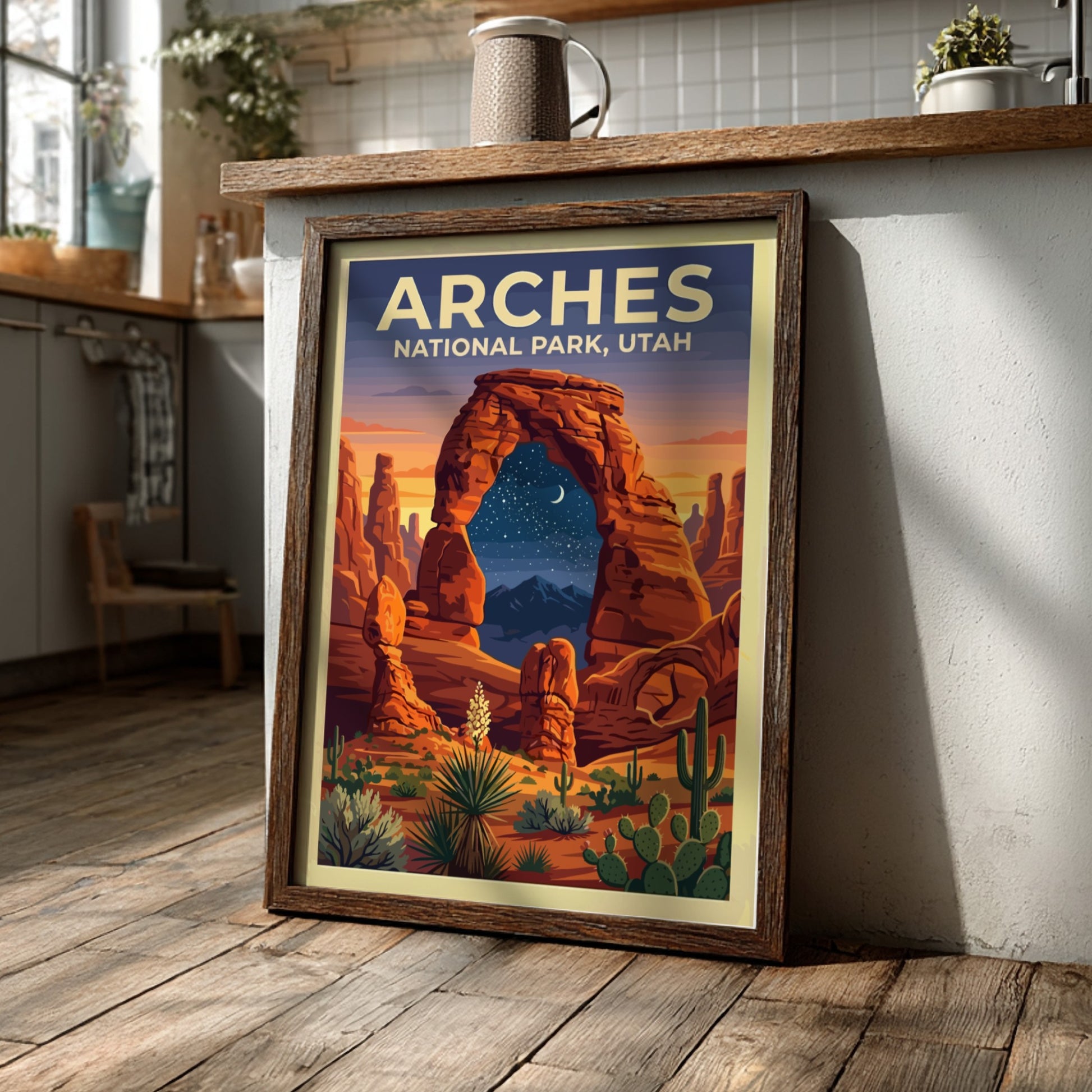 Travel poster of Arches National Park featuring orange rock arches and night sky