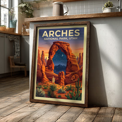 Travel poster of Arches National Park featuring orange rock arches and night sky