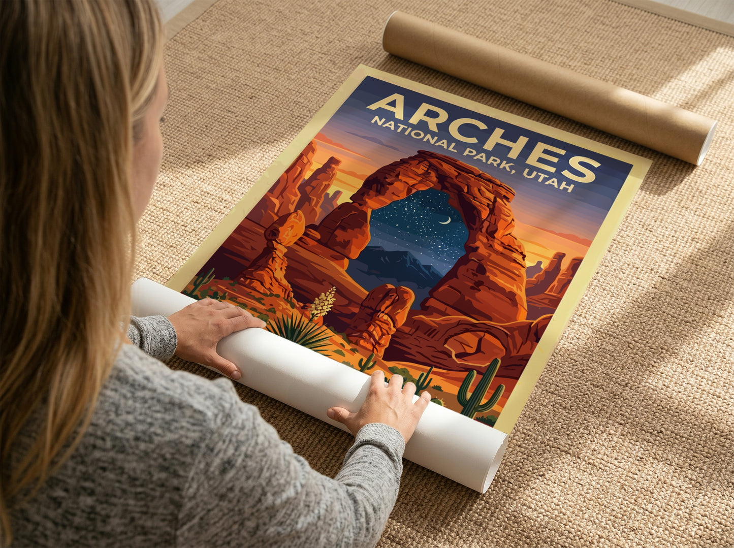 Travel poster of Arches National Park featuring orange rock arches and night sky