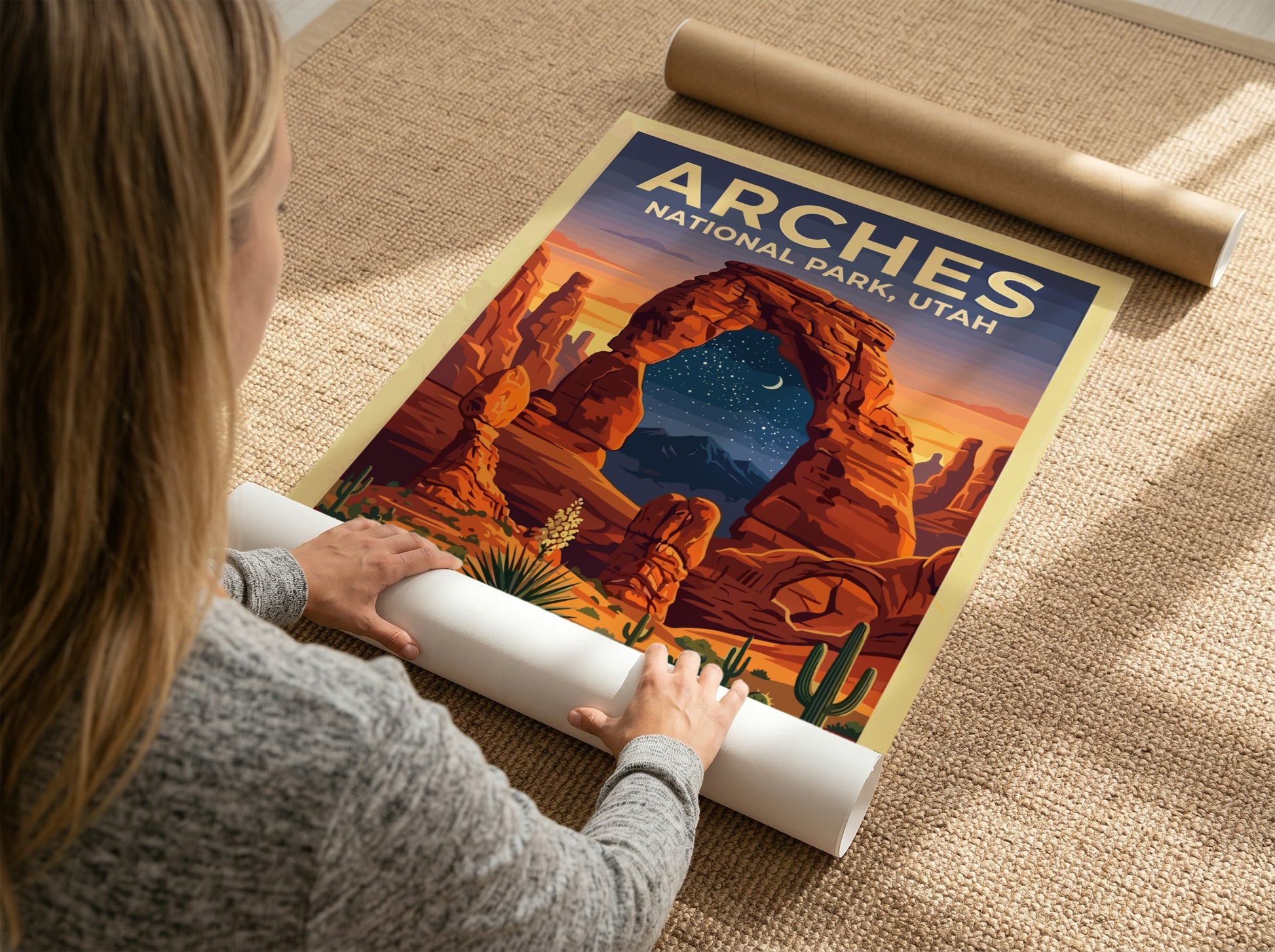 Travel poster of Arches National Park featuring orange rock arches and night sky