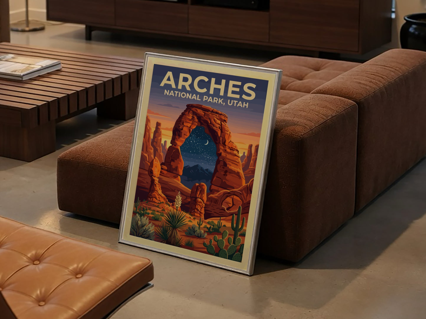 Travel poster of Arches National Park featuring orange rock arches and night sky