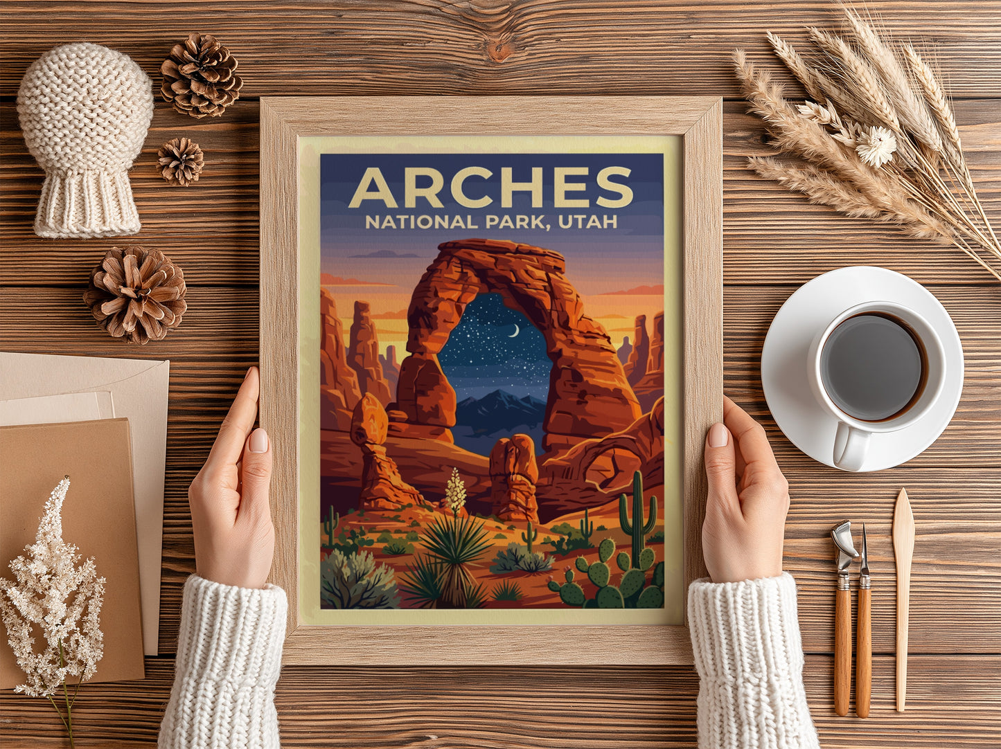 Travel poster of Arches National Park featuring orange rock arches and night sky