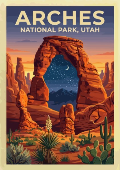 Travel poster of Arches National Park featuring orange rock arches and night sky
