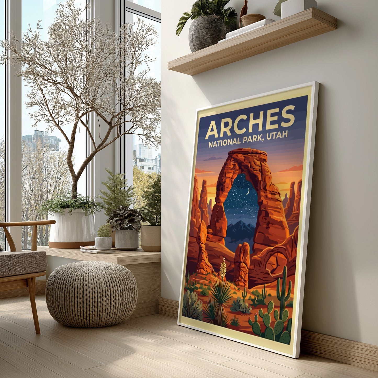 Travel poster of Arches National Park featuring orange rock arches and night sky