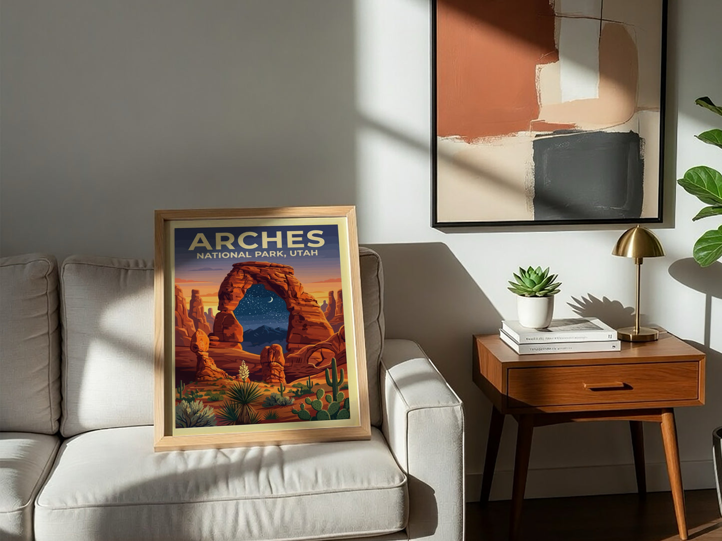 Travel poster of Arches National Park featuring orange rock arches and night sky