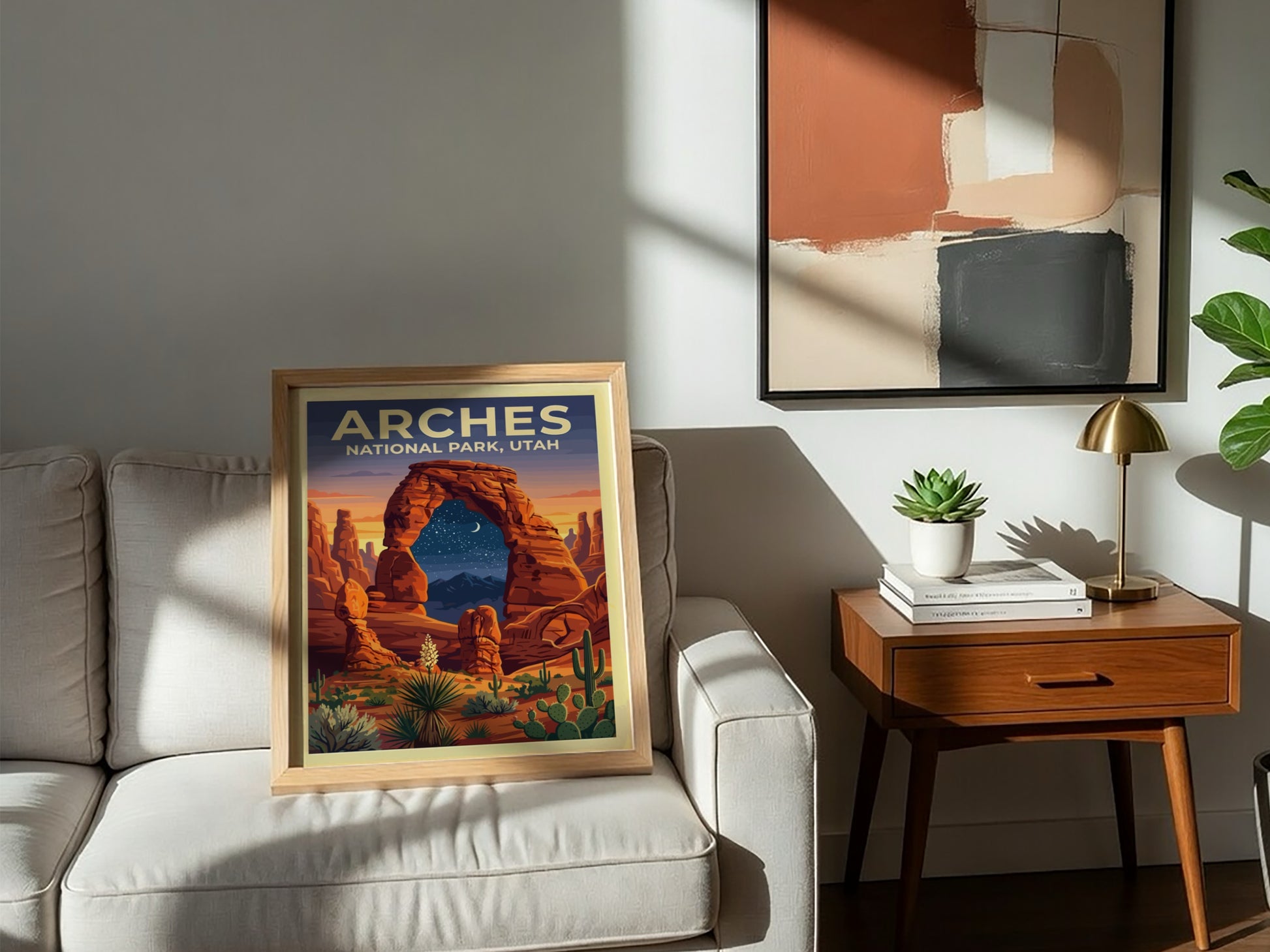 Travel poster of Arches National Park featuring orange rock arches and night sky