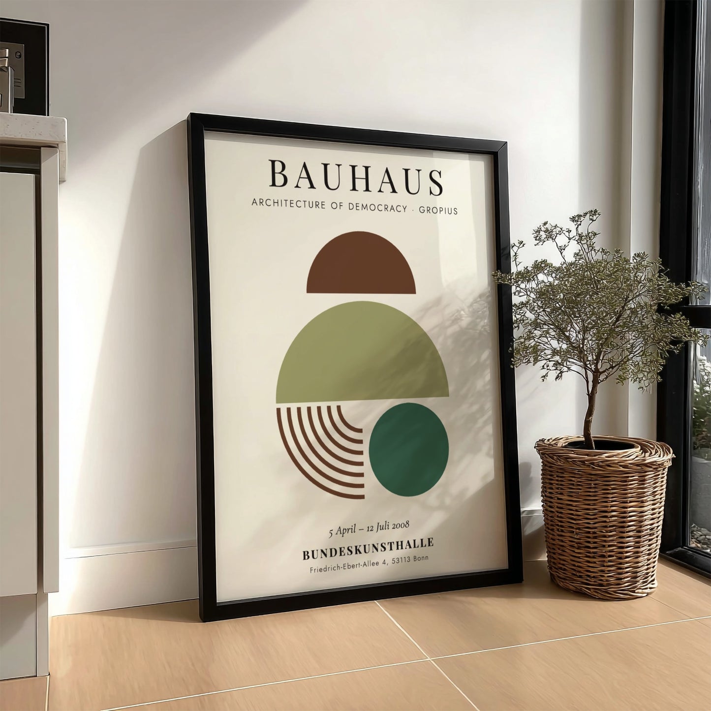 Bauhaus poster showcasing geometric shapes in earthy tones, modern wall art for home decor
