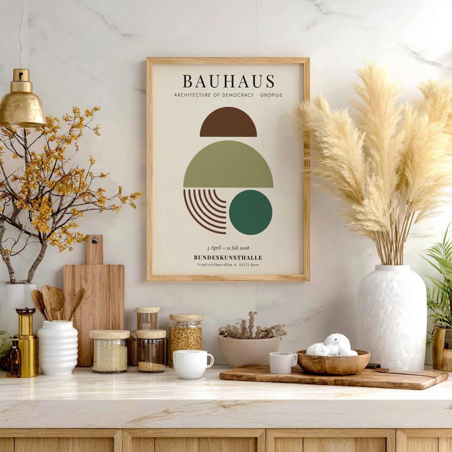 Bauhaus poster showcasing geometric shapes in earthy tones, modern wall art for home decor