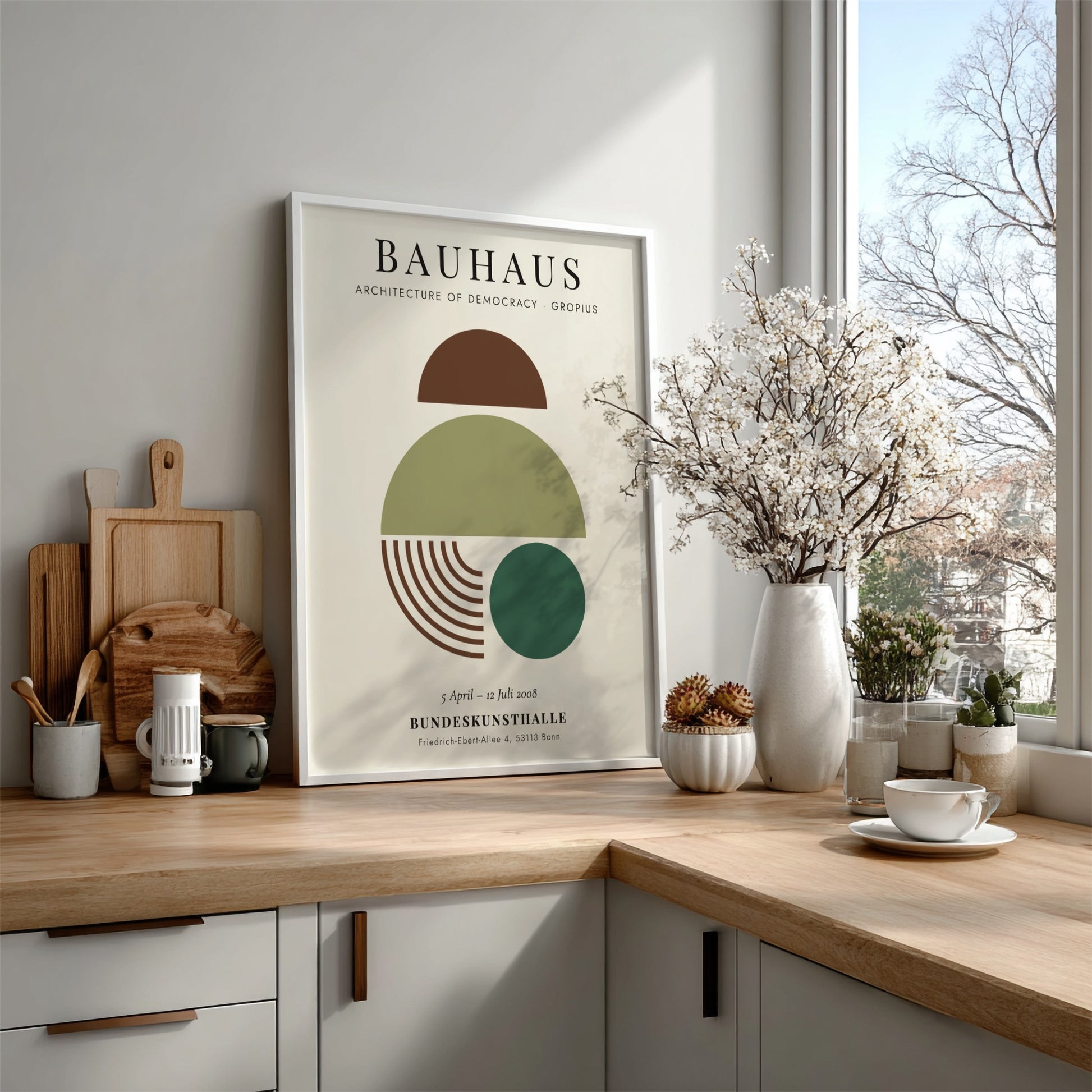 Bauhaus poster showcasing geometric shapes in earthy tones, modern wall art for home decor