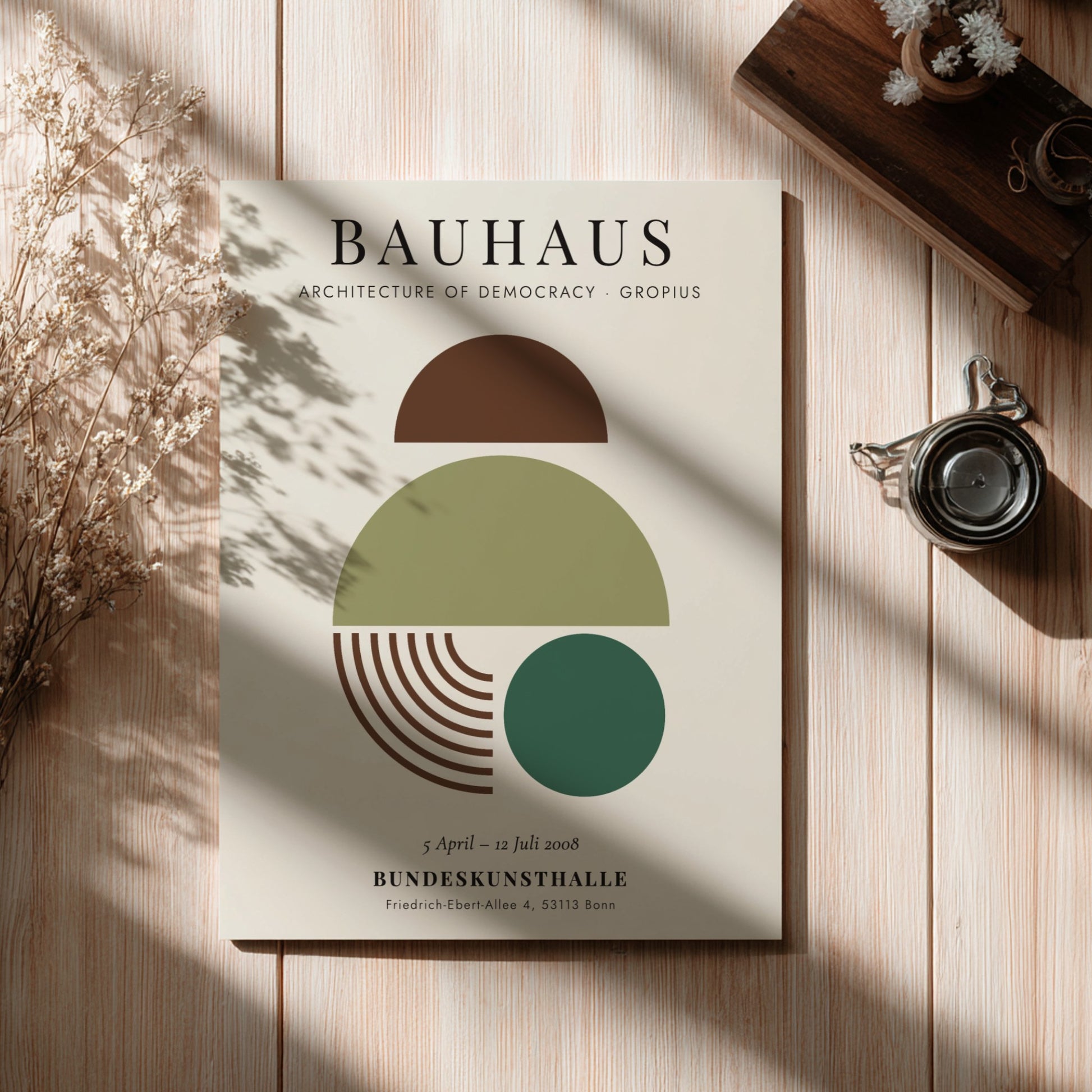 Bauhaus poster showcasing geometric shapes in earthy tones, modern wall art for home decor