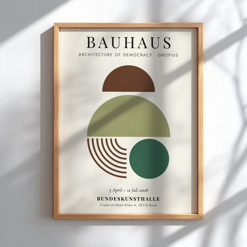 Bauhaus poster showcasing geometric shapes in earthy tones, modern wall art for home decor