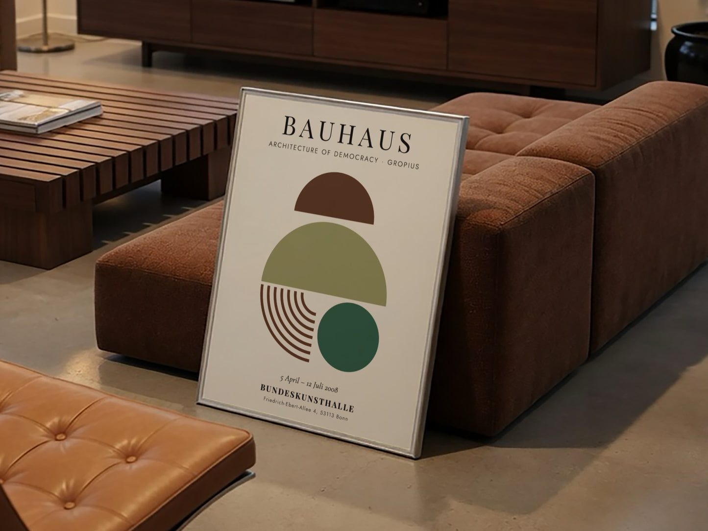 Bauhaus poster showcasing geometric shapes in earthy tones, modern wall art for home decor