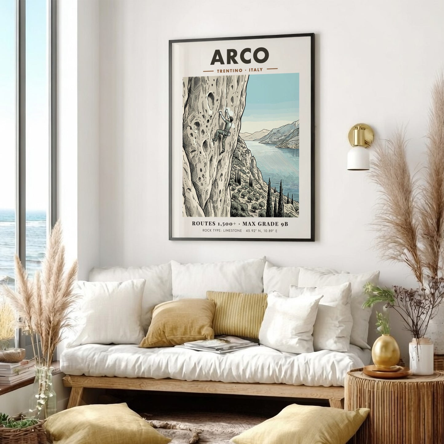 Poster featuring a climber on an Arco limestone cliff with a lake view