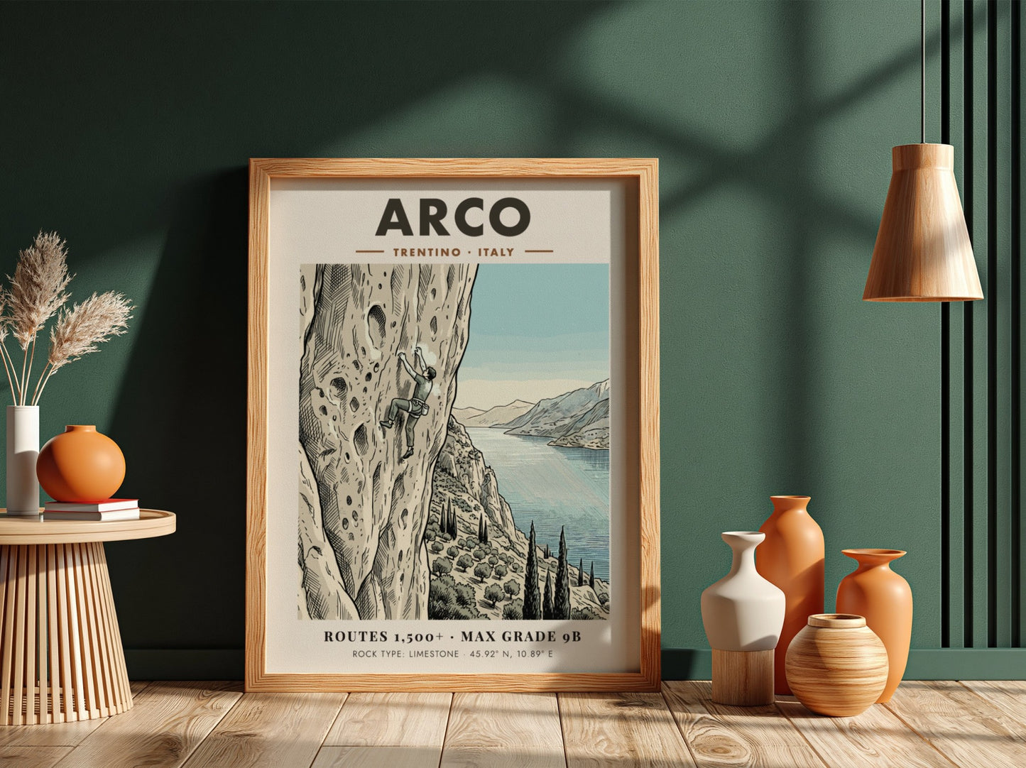 Poster featuring a climber on an Arco limestone cliff with a lake view