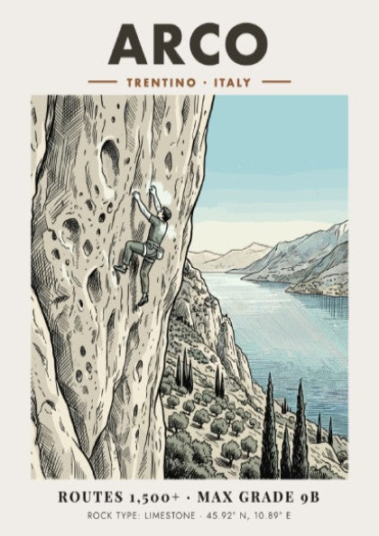 Poster featuring a climber on an Arco limestone cliff with a lake view