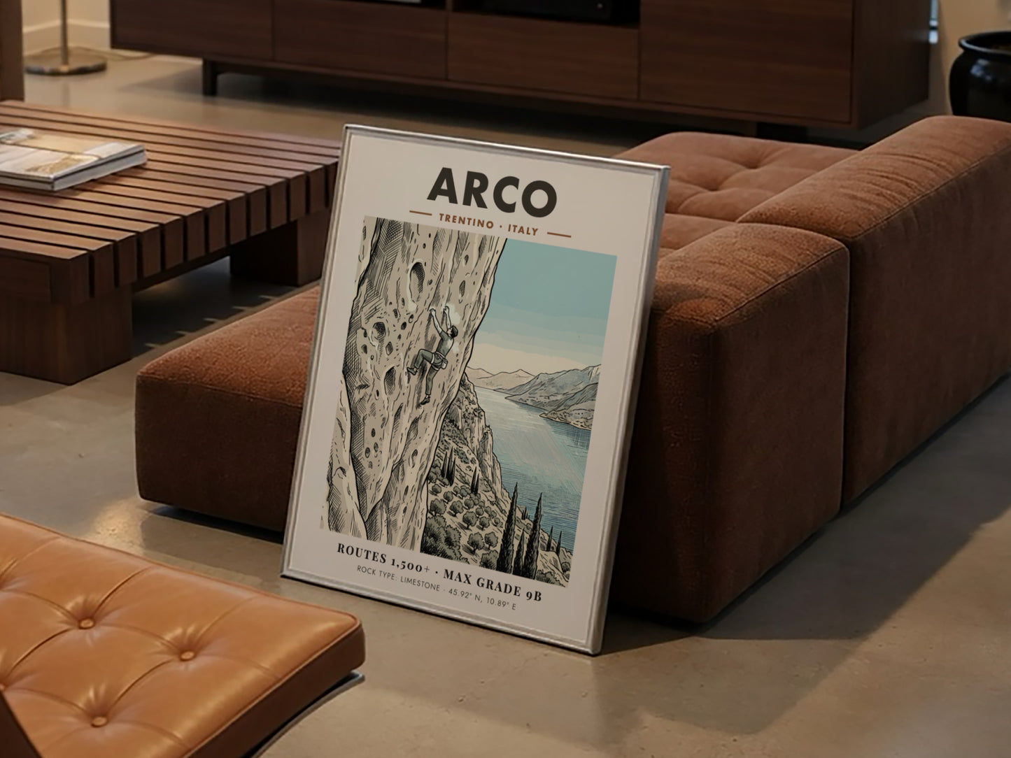Poster featuring a climber on an Arco limestone cliff with a lake view