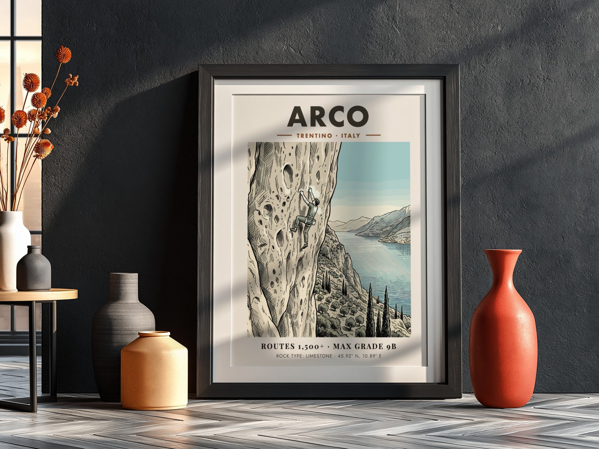 Poster featuring a climber on an Arco limestone cliff with a lake view