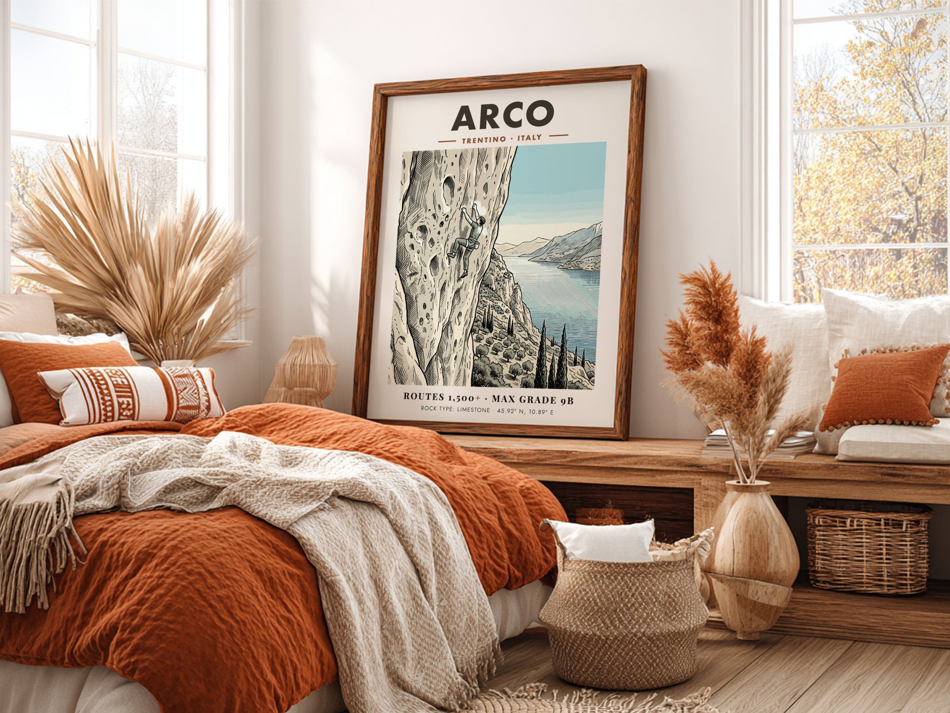 Poster featuring a climber on an Arco limestone cliff with a lake view