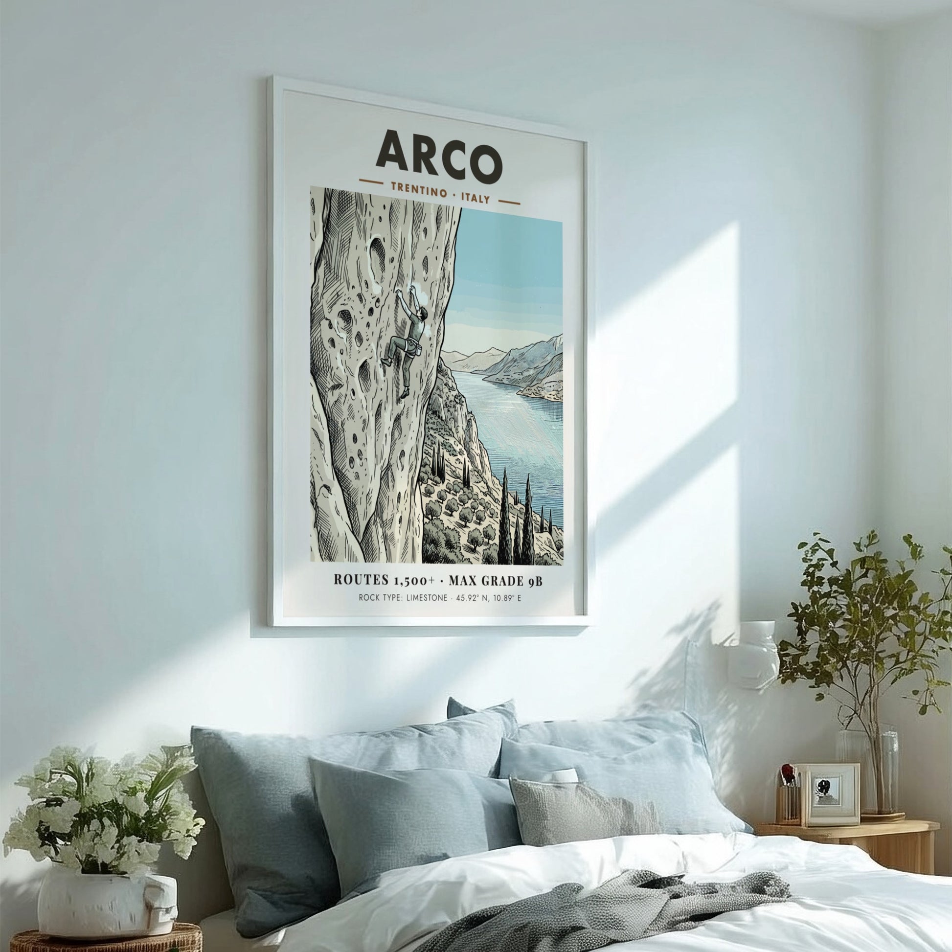 Poster featuring a climber on an Arco limestone cliff with a lake view