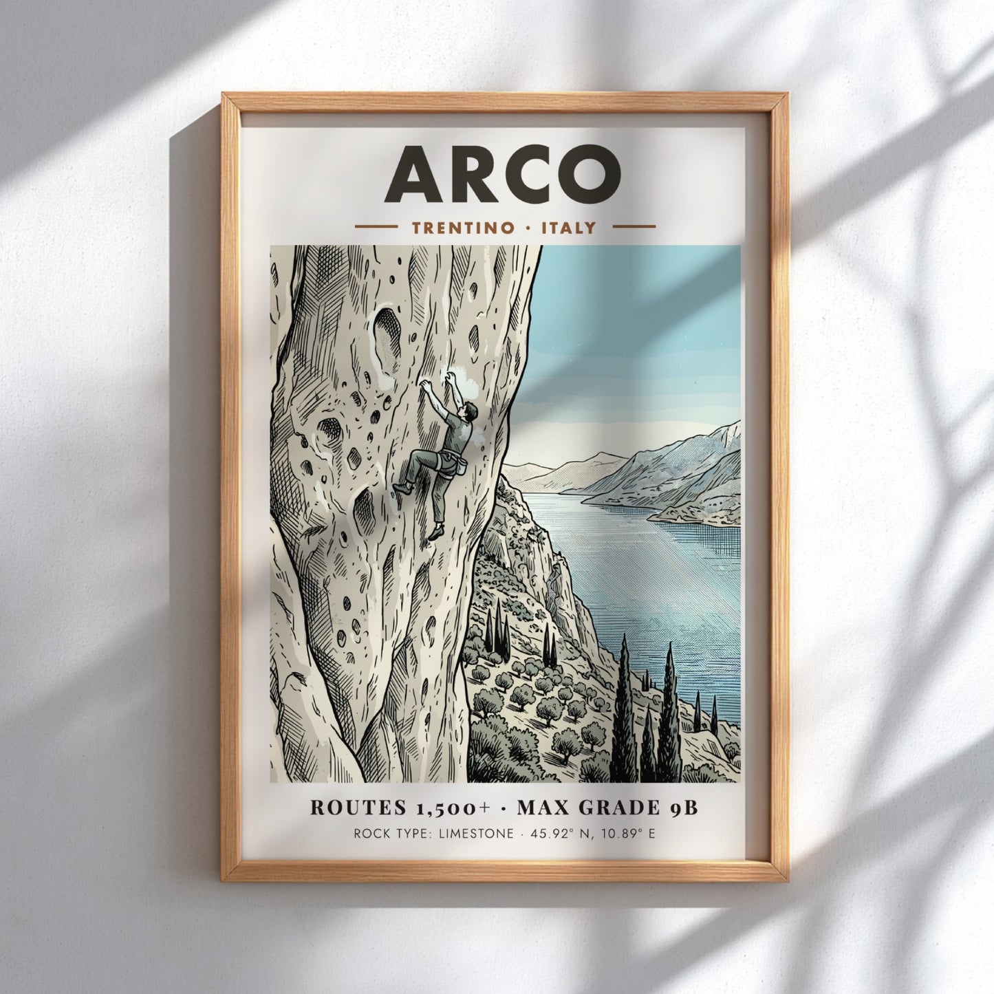 Poster featuring a climber on an Arco limestone cliff with a lake view