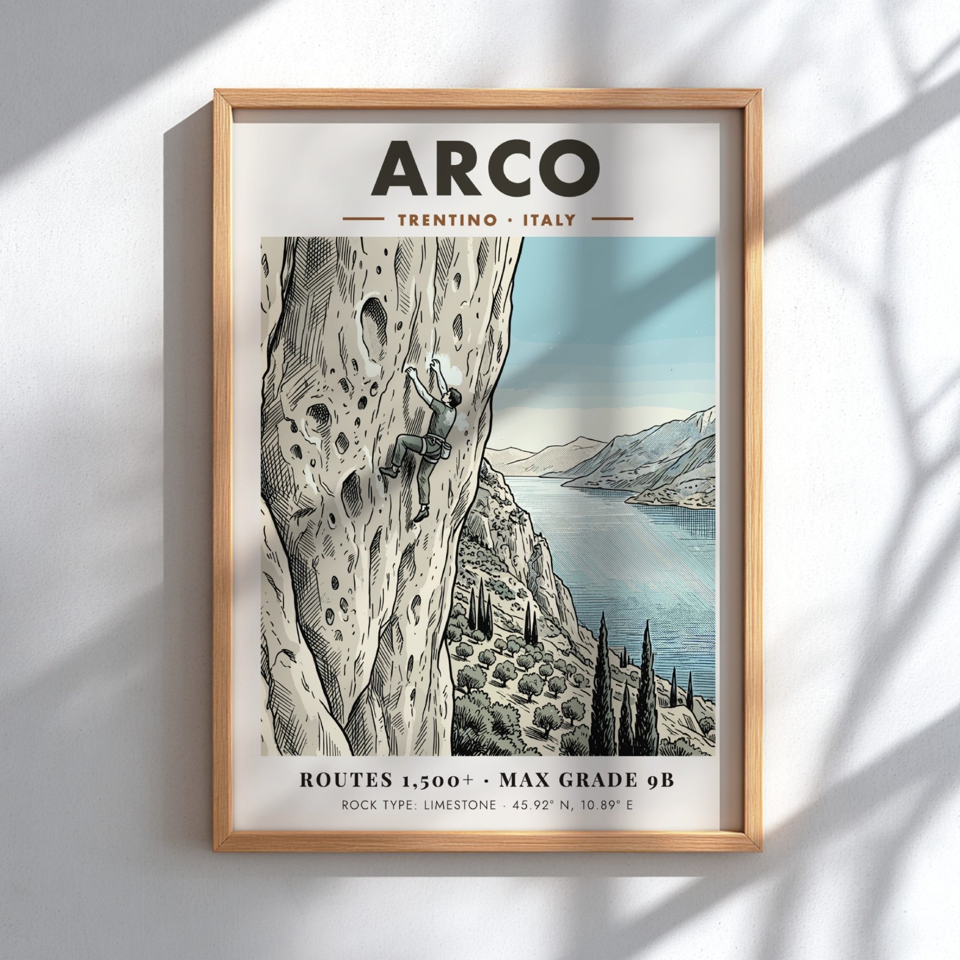 Poster featuring a climber on an Arco limestone cliff with a lake view