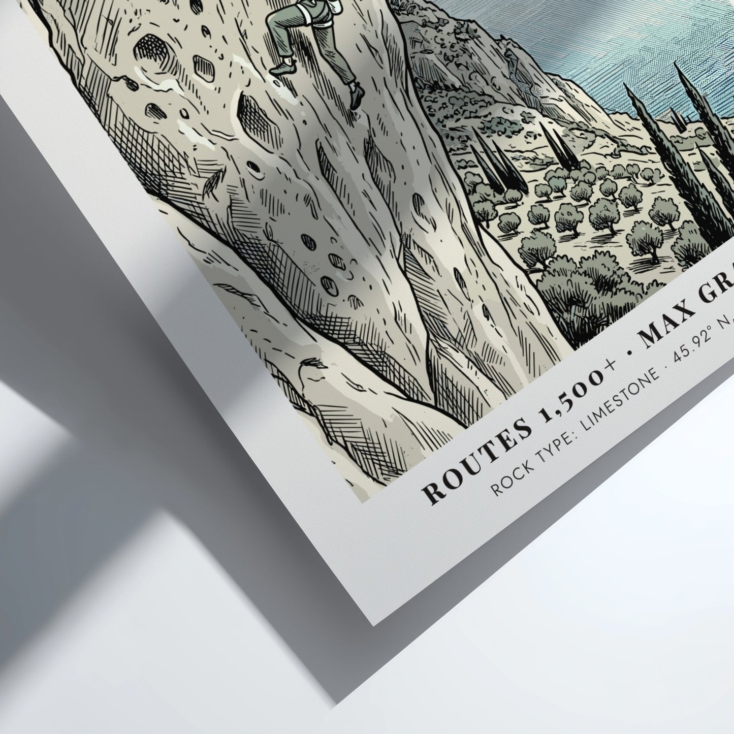 Poster featuring a climber on an Arco limestone cliff with a lake view