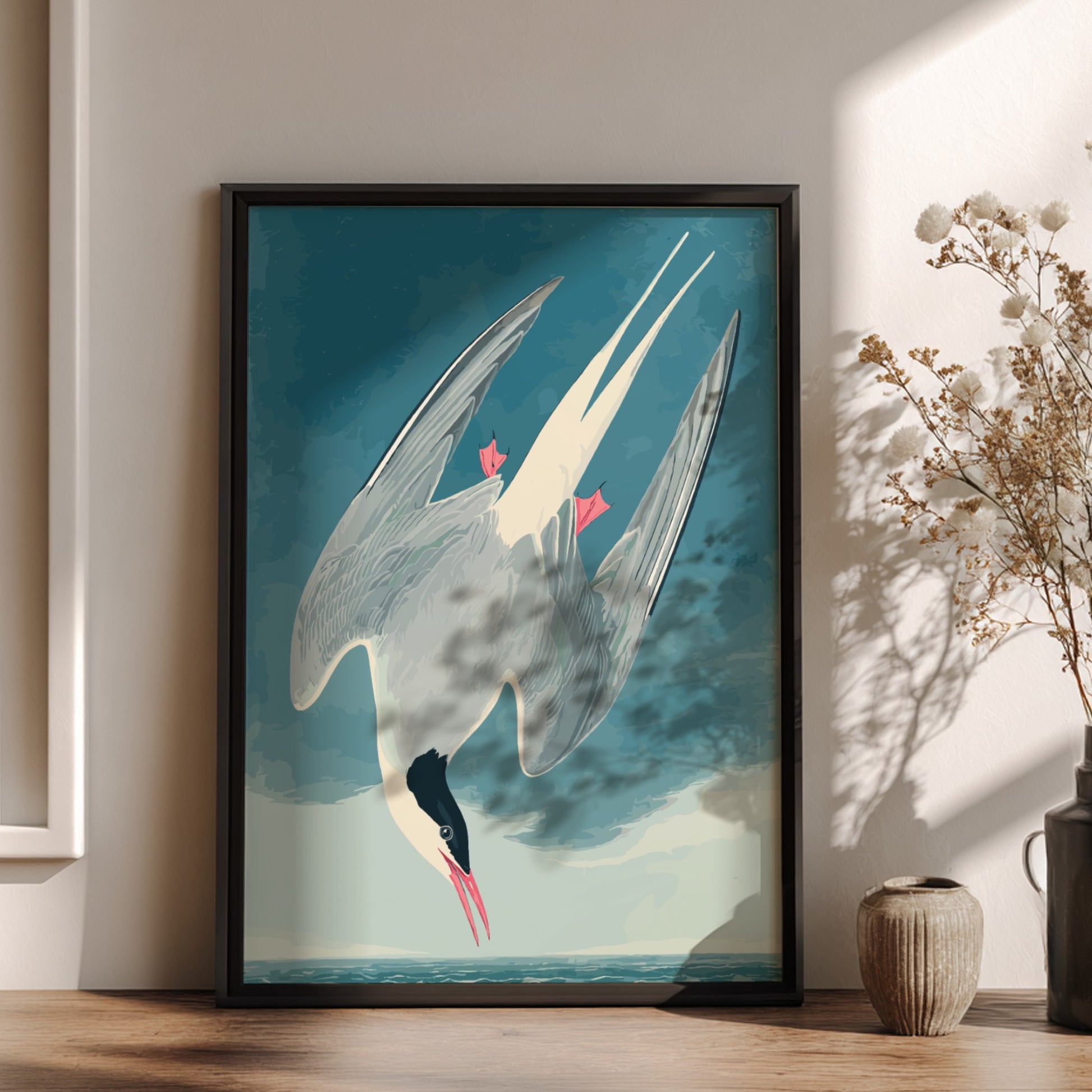 Arctic Tern poster featuring vintage bird illustration in soft colors, perfect for nature decor and wall art.