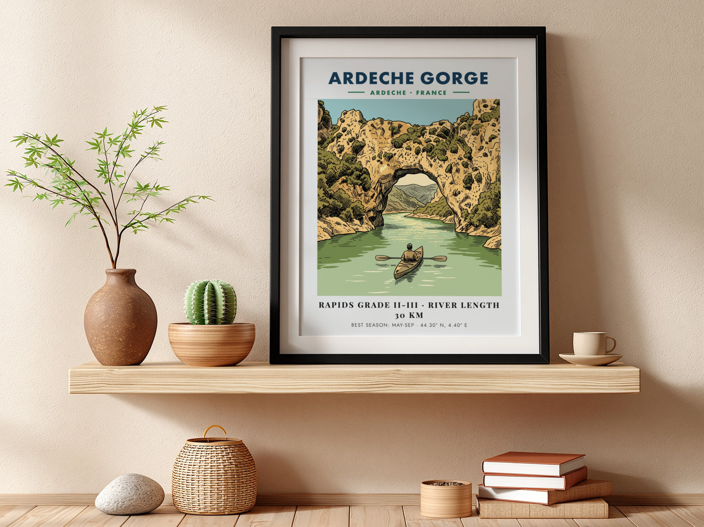 Poster of a kayaker paddling through the natural stone arch at Ardeche Gorge France.