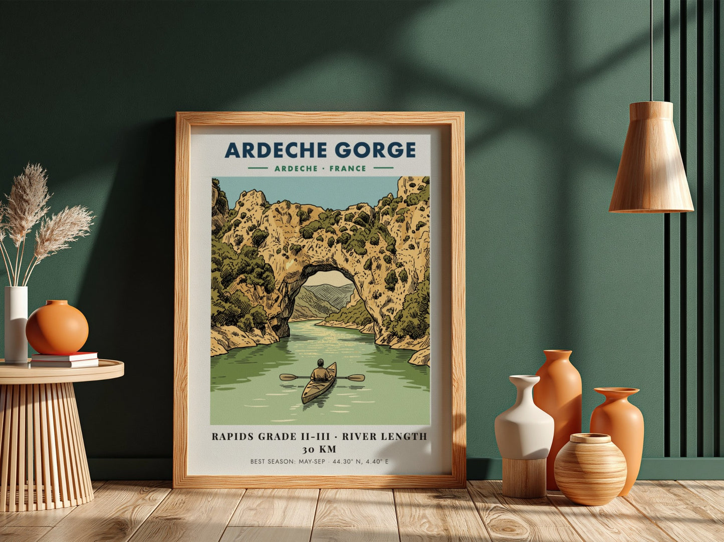 Poster of a kayaker paddling through the natural stone arch at Ardeche Gorge France.