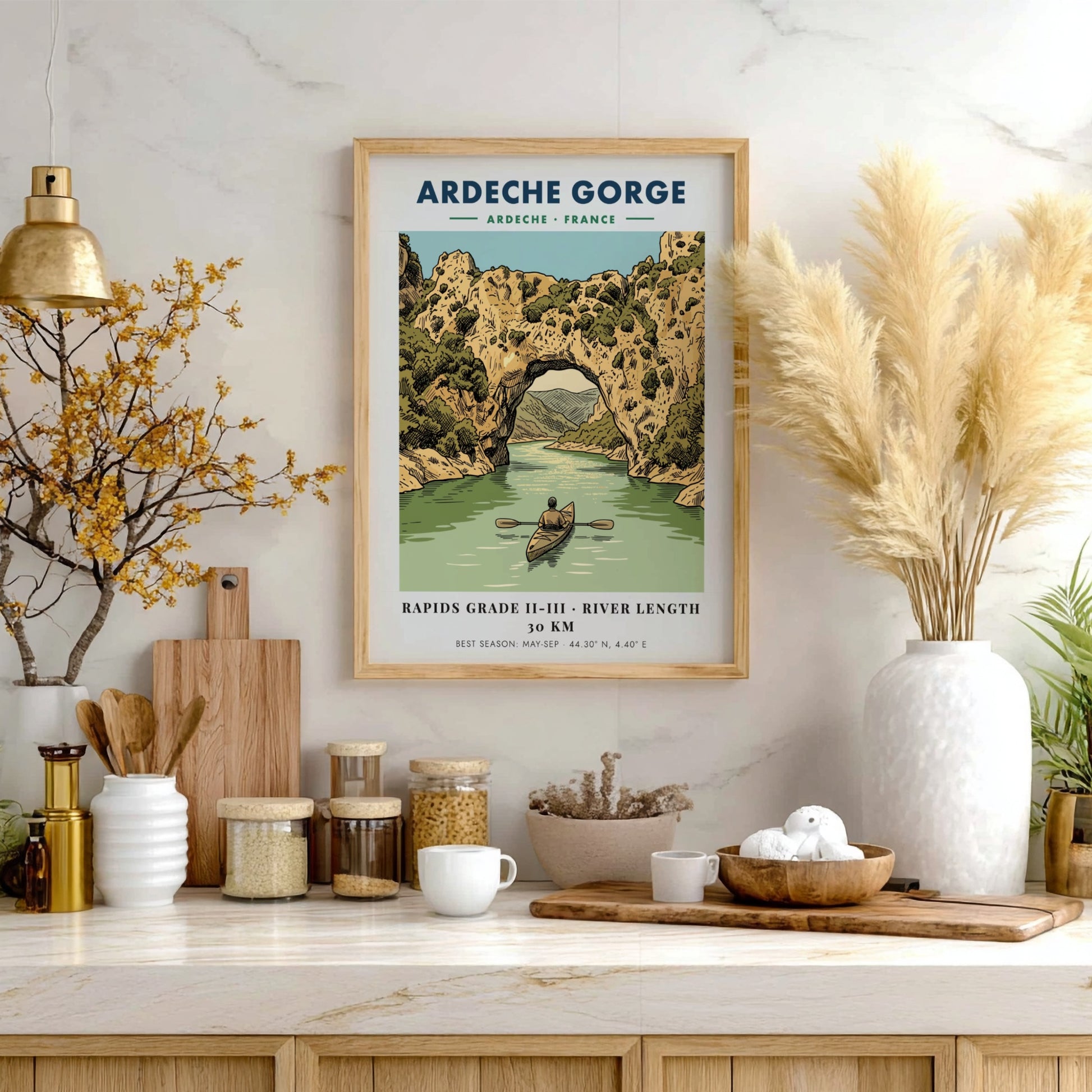 Poster of a kayaker paddling through the natural stone arch at Ardeche Gorge France.