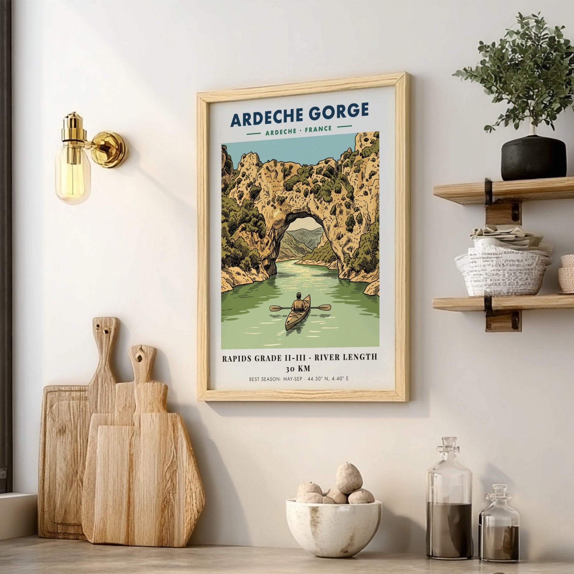 Poster of a kayaker paddling through the natural stone arch at Ardeche Gorge France.