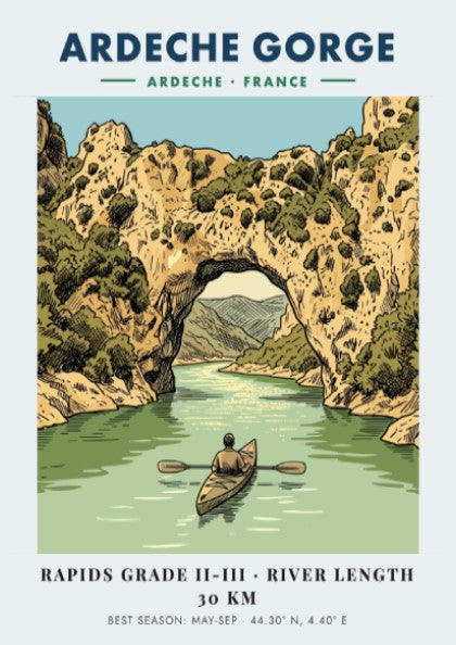 Poster of a kayaker paddling through the natural stone arch at Ardeche Gorge France.