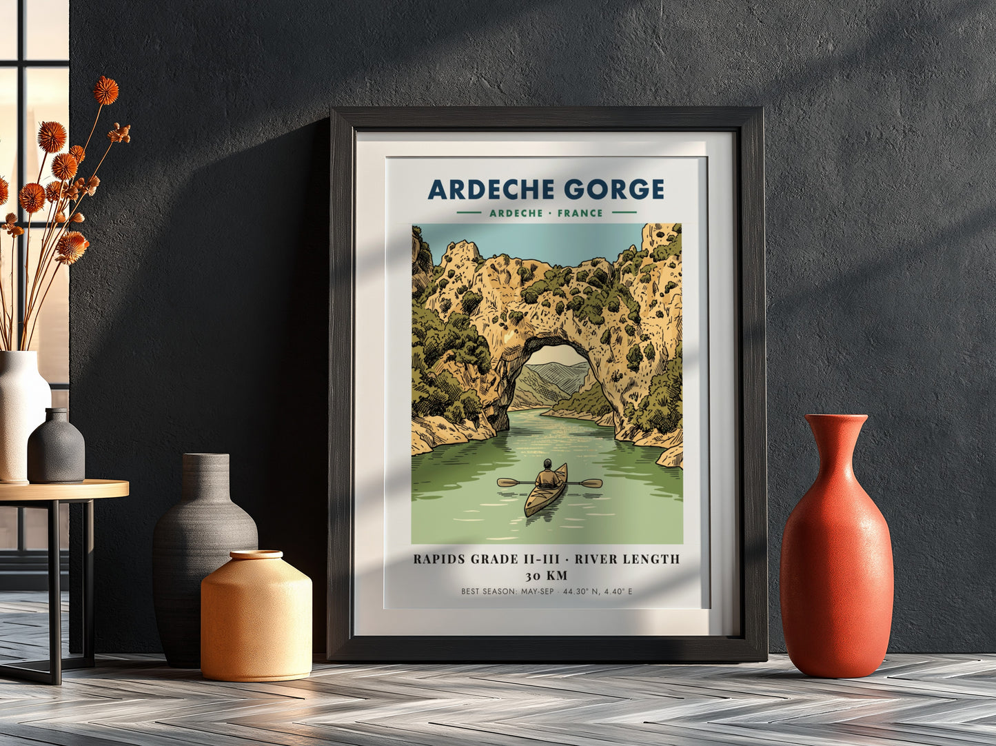 Poster of a kayaker paddling through the natural stone arch at Ardeche Gorge France.